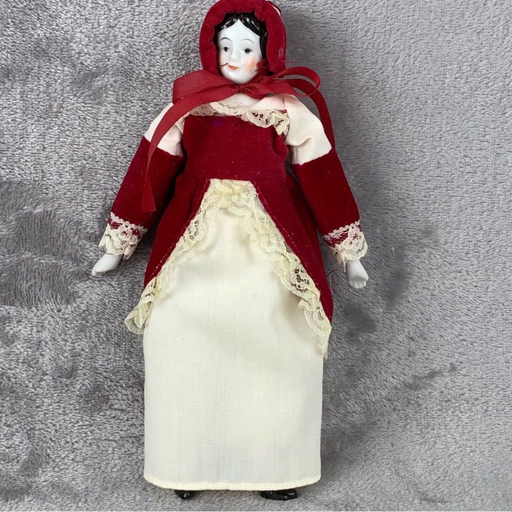 Vintage Ceramic Doll Christmas Ornament Burgundy & White Dress Black Hair 8 Inch